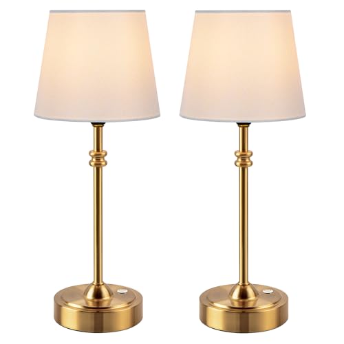 ONEWISH Cordless Table Lamps Set of 2 - Battery Powered Lamp, 4000mAh Rechargeable, Stepless Dimmable, Wireless Lamp with Fabric Shade, 2700K Warm Ambient Light for Dining, Patio, Bathroom(G