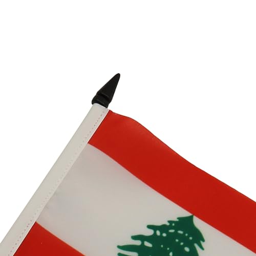 Bandeira de mesa do Líbano 10 cm x 15 cm - Bandeira de mesa libanesa 15 x 10 cm - Bastão e base de p