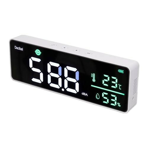 Decibel Meter Wall Hanging, 11in Large LED Screen Sound Level Meter, Temperature Humidity Meter with Alarm Icons Indicator for Classroom, Home, Studio, Factory