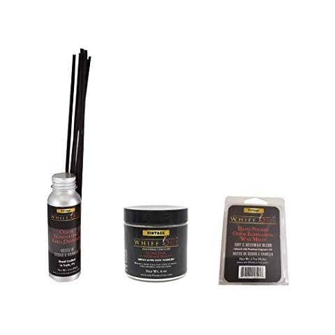 Whiff Out Odor Neutralization System Bundle Vintage Scent | Cigar Cigarette 420 Smoke Fabric Pet Odor Neutralizer| Diffuser | Wax Melt | Powder for Ashtray and Car | Remove and Replace Odors on Contact Cover