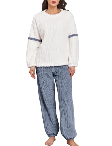 BAJAOEY Women's Fleece Pajamas Set Flannel Winter Warm Fuzzy Sherpa Pjs Long Sleeve Cozy Sleepwear for Women Blue