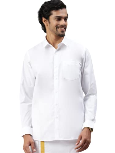 Image of RAMRAJ COTTON Men White Cotton Full Sleeve Collared Shirt