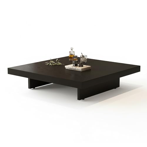 Modern Square Coffee Table for Living Room, Low Profile Wood Center Table with 2' Thick Tabletop & Optional Storage Tray, Sturdy Minimalist Design (31.5'/39.4' Black/Walnut)