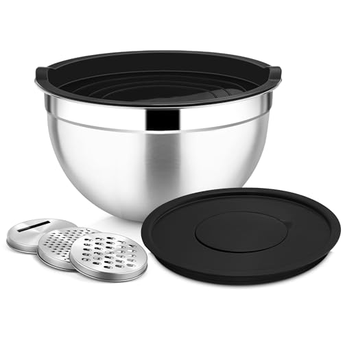 Joyfair Rührschüssel, 4,5 L Edelstahl Salatschüssel Schüssel mit Luftdichten Deckel & Abnehmbarem Deckel, Schüsseln mit 3 Reibenaufsätzen zum Backen/Kochen/Zubereiten, Spülmaschinenfest - Schwarz