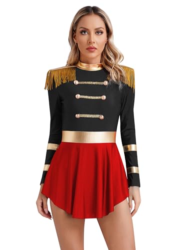 dPois Vestido Manga Larga Lentejuelas Mujer Disfraz Carnaval Domadora Maillot con Falda Tutú Disfraz de Circo Mago para Fiesta Carnaval Halloween Negro M