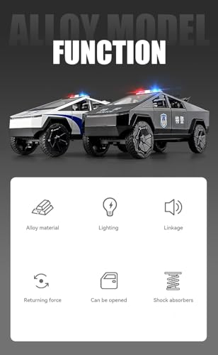 Image of 1:24 Scale Die-Cast CyberTruck Police Model, Free Wheel with 6 Openable Doors, Steerable Tyres, Working Horn & Lights, Police Vehicle Toy for Kids and Collectors (Black)