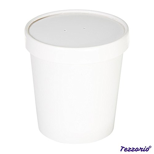 (Set of 25) 16 oz White Paper Soup Containers with Lids Combo Pack, Hot/Cold Disposable Pint Containers, Ice Cream/Frozen Yogurt Cups, Take Out/to-Go Deli Containers by Tezzorio