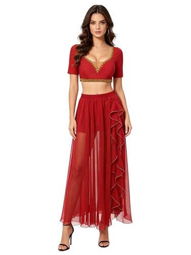 Manyakai Traje Danza del Vientre Mujer Ropa Actuación Baile Conjunto Top Corto con Tirantes Y Falda Máxima Rojo S
