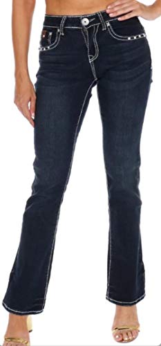 Women's S475-PB Cross Rhinestone Mid Rise Boot Cut Dark Wash Denim Jeans 3-173