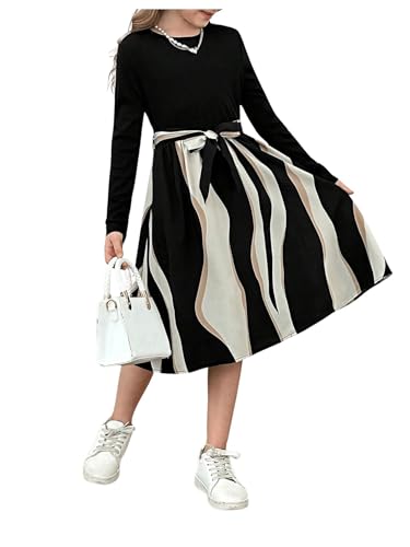 SweatyRocks Girl's Striped Dress Color Block A Line Crewneck Long Sleeve Dresses with Belt3