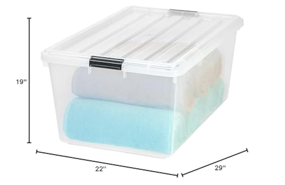 IRIS USA 68 Qt Stackable Plastic Storage Bins with Lids, 1 Pack - BPA-Free, See-Through Organizing Solution, Latches, Durable Nestable Containers, Secure Pull Handle, Made in USA - Clear