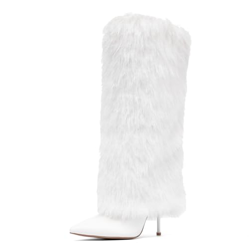 NEWBELLA Women's Plush Knee High Boots - Fashion Pointed Toe Stiletto Warm Tall Boots Slip-On for Fall & Winter, White 7.5