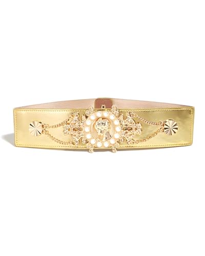 Women Vintage Pearl Wide Waist Belt Retro Stretch Elastic Belt for Dress with Metal Buckle4