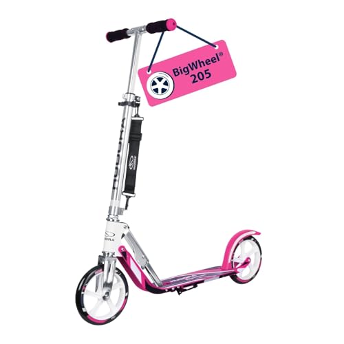 HUDORA BigWheel 205 Scooter - Stabiler Aluminium-Roller - Höhenjustierbarer & zusammenklappbarer Cityroller mit Ständer - Sportlicher Kinder- & Erwachsenenroller für bis zu 100kg - weiß/pink