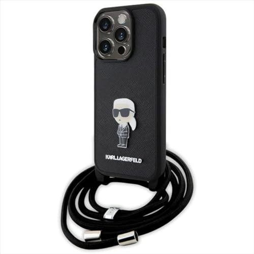 KARL LAGERFELD KLHCP15LSASKNPSK Coque rigide pour iPhone 15 Pro 6,1" Noir Crossbody Saffiano Monogramme Métal Pin Karl & Choupette