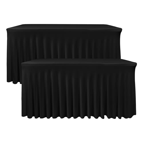 Image of Black Spandex Table Skirt for 8 Foot Rectangle Tables 2 Pack 96x30 In | Stretch Fitted Table Covers, Wrinkle Free Ruffle Design Tablecloths for Wedding Banquets,Party, Banquet, Birthday, Events