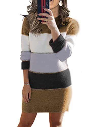 JayscreateEU ​​​​Robe Pull pour Femme Robe épaisse Pull Longue Robe Pull Tunique Extensible Pull élégant Bloc de Couleur Pull à Manches Longues au Genou Col Rond Automne Hiver Cover