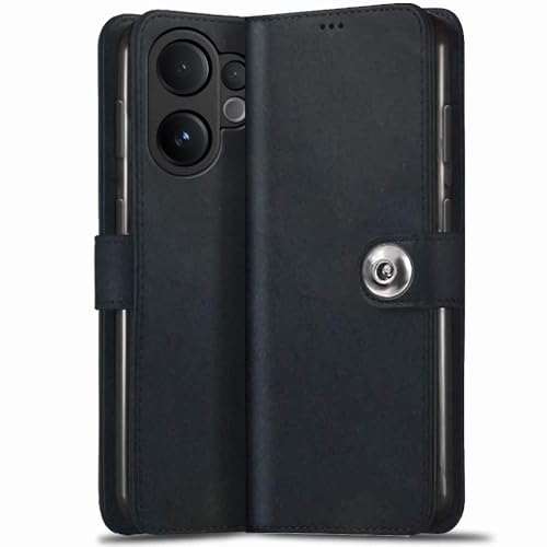 Image of TheGiftKart Genuine Leather Finish Flip Back Cover Case for Vivo V60 5G / V60e 5G / Vivo T4 Pro 5G | Inbuilt Pockets & Stand | Wallet Style | Designer Button Magnet Flip Cover (Faux Leather, Black)