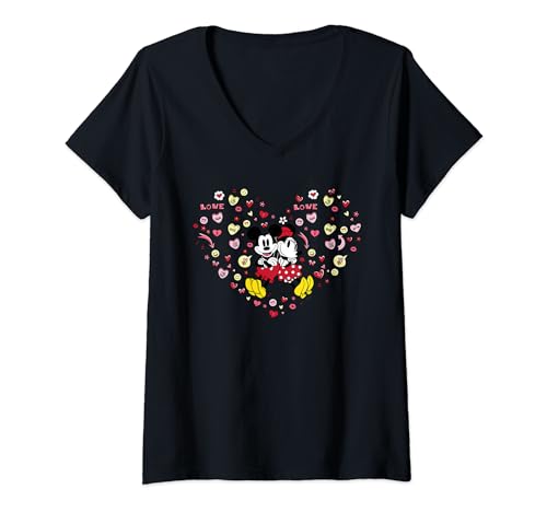 T-shirt Disney Mickey Minnie Saint-Valentin vintage haut col V coton femme