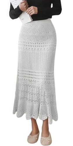ebossy Women's Crochet Knitted Boho Long Skirt Stretchy High Waist Hollow Out Lace Mermaid Maxi Skirt