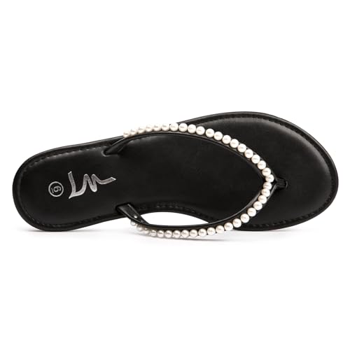 Image of LM Women's Pearls Strappy Flat Sandals Thong Sandals Flip Flop Slip On Slide Sandals for Women Dressy Summer