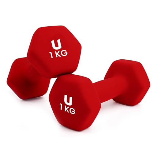 unycos - Neopren Hanteln2er-Sets 1 kgHexagon Kurzhanteln Rutschfest für Damen und Männer Anti-Roll-Design Fitnessstudio Krafttraining Pilates Gymnastik/Fitnessgeräte für Zuhause (Rot)