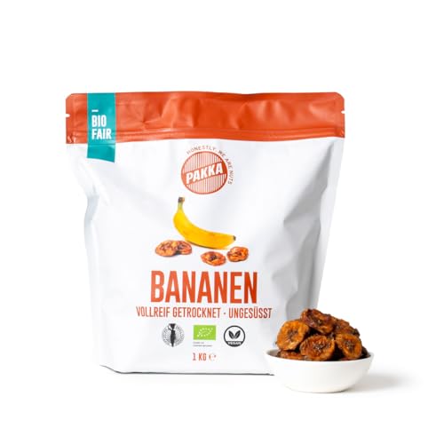 PAKKA aromatische Premium Bio Fair Trade Bananen 1kg, Öko & Fair Bananen, ungezuckert, ungeschwefelt, direkt hergestellt und abgefüllt vom Produzenten in Kolumbien, vegan 1000g