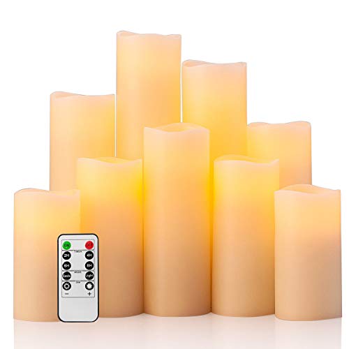 Eldnacele Flameless Flickering Pillar Candles, LED Battery Operted Candles with Remote and Timer, Set of 9(H 4