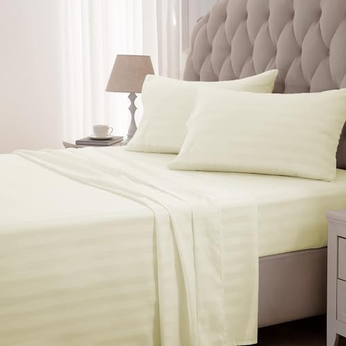 Image of King Bedsheet 100% Egyptian Cotton - 400 Thread Count Sheet Set - Includes 1 Flat Sheet & 2 Pillowcases - Durable, Breathable, Luxury Feel, Hotel Style - Ivory Striped