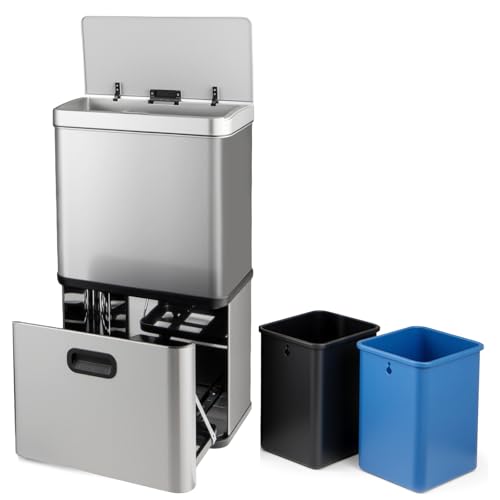 COSTWAY 56L Automatic Kitchen Bin, Touchless Motion Sensor Garbage Bin with 2 Removable Recycling Bin & Soft Closure Lid, Anti-Fingerprint Stainless Steel Smart Trash Can for Home Office (Silver)