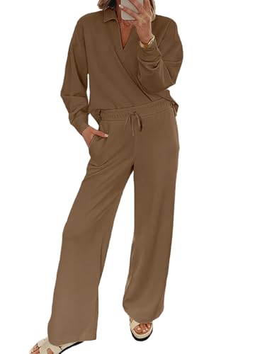 Image of EVALESS Two Piece Sets for Women Fall 2024 Lounge Sets Casual Long Sleeve V Neck Sweatshirt and Wide Leg Sweatpants Sweatsuit Matching Sets Women Clothing Coffee Small