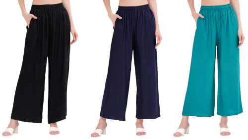 Image of Buy That Trendz Palazzo Pants for Women Rayon Elasticated Regular Fit Flared Wide Leg M to 6XL Pack of 3