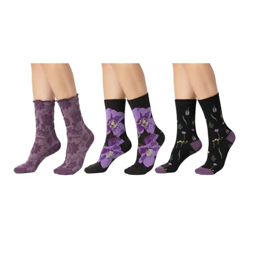 NUGUSP Women's Floral Pattern Crew Socks, 3 Pairs Soft Cotton Artistic Jacquard Knit Socks Trendy Fashion for All-Season Wear (3 Pairs - A)