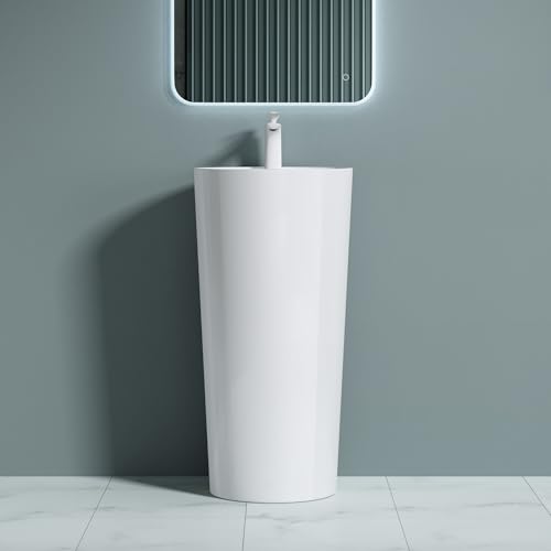 doporro Lavabo a Colonna Per Bagno Lavabo Freestanding da Terra Lavandino Monoblocco 44,5x44,5x90 cm Bianco Lucido, Lavabo Autoportante in Marmo Resina con Foro Rubinetto e Troppopieno Colossum35