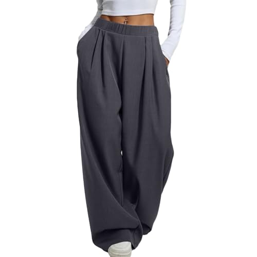 szvbofueck Pantalones de tela de verano para mujer, extra largos, pantalones palazzo, con bolsillos, pantalones de ocio, cintura ancha, pantalones rectos, cintura alta, pantalones elásticos