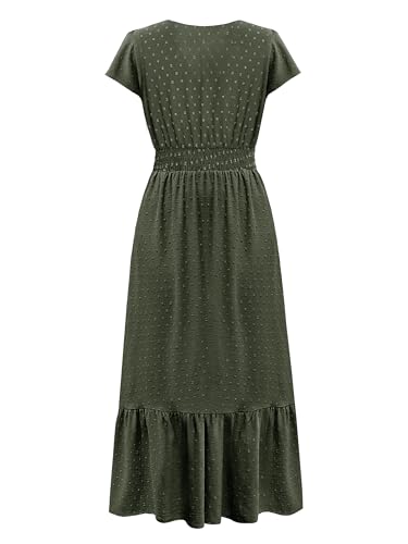 Image of CzzzyL Women Nursing Boho Maxi Dresses Cap Short Sleeve V Neck Swiss Dot High Waisted A-Line Ruffle Tiered with Pockets