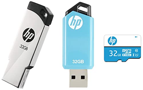 Image of HP 32GB Class 10 MicroSD Memory Card (U1 TF Card 32GB) & FD236W 32GB USB 2.0 Pen Drive (Gray) & v150w 32GB USB 2.0 Flash Drive (Blue)