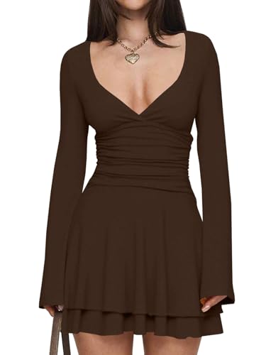 Misng Womens Sexy V Neck Ruffle Hem Mini Dress Long Sleeve Ruched Waist Short Party Dress Medium Coffee