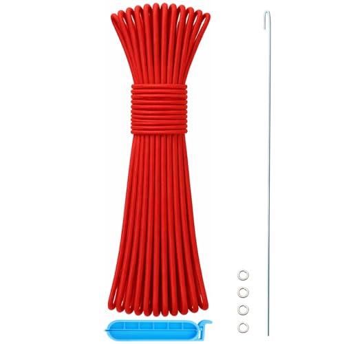 Tent Pole Shock Cord 1/8", 60 ft Replacement Bungee for Tent Pole Repair, Durable Stretch Line for Camping Gear with Lead Wire/Washers/Clip (Red)