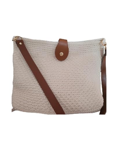 Bolsa de Ombro Feminina em Crochê, Alça em Couro Marrom, Estilo Casual Moderno, Cor Bege