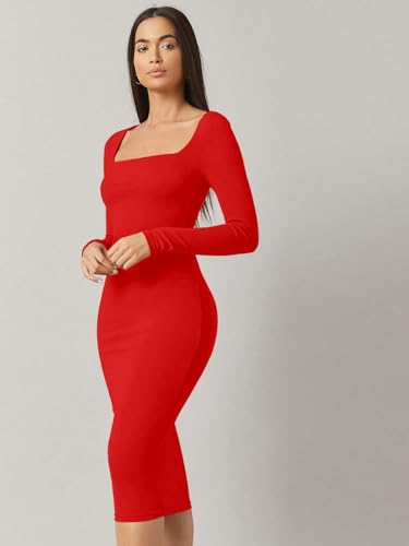 Image of Aahwan White Solid Square Neck Solid Midi Bodycon Dress for Women's & Girl's
