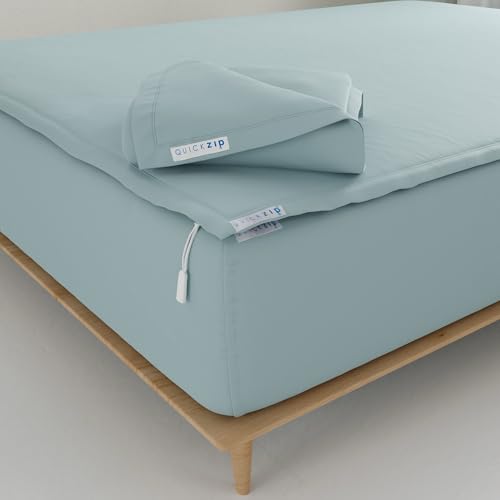Image of QuickZip Fitted Plus Spare Bundle: 1 Fitted Sheet (Base + Zip Sheet) & 1 Zip Sheet - Easy to Change, Won't Pop Off - Soft Sateen 400 TC 100% Cotton - 13.5 inch Deep Pockets RV Queen Size - Dusty Blue