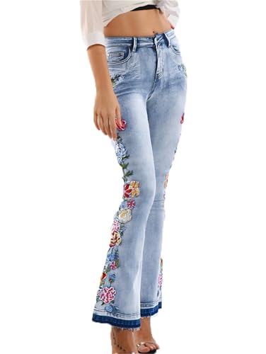 Andongnywell Women's Embroidered High Waist Skinny Fit Cropped Denim Pants Slim Fit Embroidery Jeans Trousers