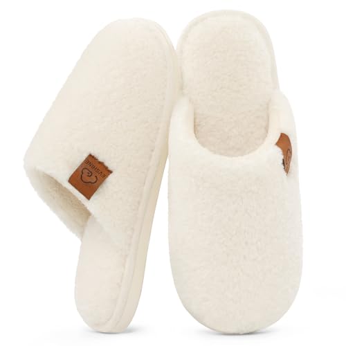 Evshine Women's Fuzzy Slip-on Slippers Comfy Lightweight Indoor House Scuff Slippers Closed Toe Soft Memory Foam Shoes Beige 275