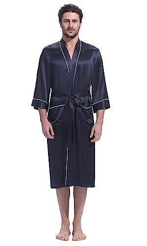 LilySilk 100% Silk Robe for Men Contrast White Trim Long Sleeve Shawl Collar Long Silk Kimono Bathrobe Male Sleepwear