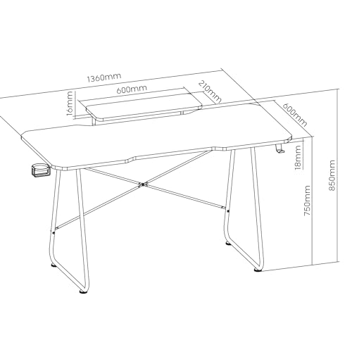 RS170 Gaming Desk avec Support de Moniteur, 136 x 60 cm, Porte-gobelet, Porte-Casque, Pieds antidérapants + Range-câbles RS125, modulaire, 20 Segments, Noir/Rouge – Image 3