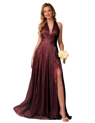 Image of Shimmer Chiffon Bridesmaid Dresses for Women Long | Deep V Neck,Pleated,Knotted,Empire Waist,with Slit,Breathable,Lightweight,Flowy,Formal Evening Dress