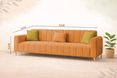 Image of Casaliving Velour Modern Velvet Sofa, Tufted Design Upholstered 3 Seater Sofa Set for Living Room, (Orange Colour) Premium Velvet Fabric Sofa