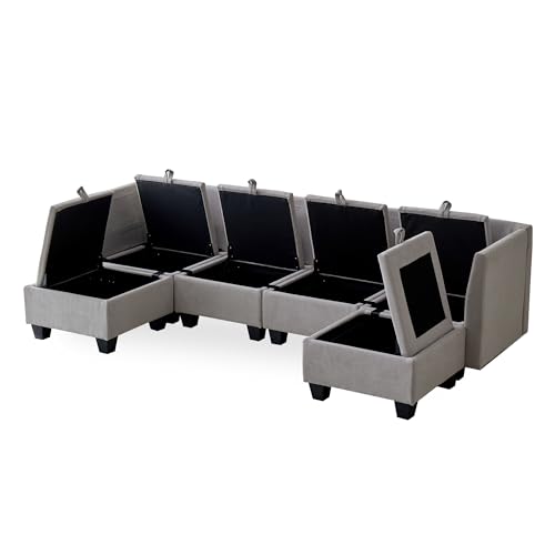 Divano Roma Furniture Modern Chenille Fabric U-Shaped 6 Seat Sectional Sleeper Couch with Reversible Chaise Modular Sofa with Storage, Large, Light Grey