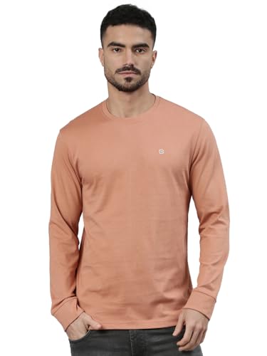 Image of Classic Polo Men's Full Sleeve Brown Crew Neck Slim Fit Solid Cotton T-Shirt